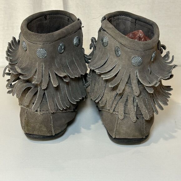 Minnetonka Double Fringe Zip Moccasin Boots Womens Size 9 Gray Leather Ankle - Picture 4 of 8